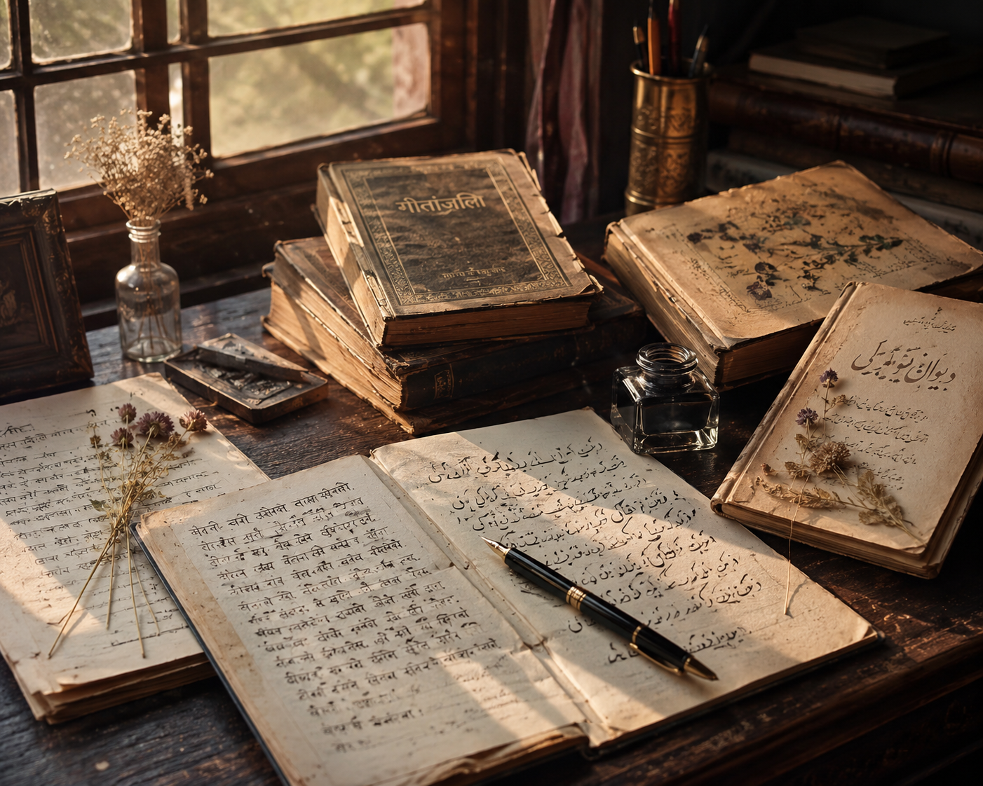 A warm writing desk with books and paper